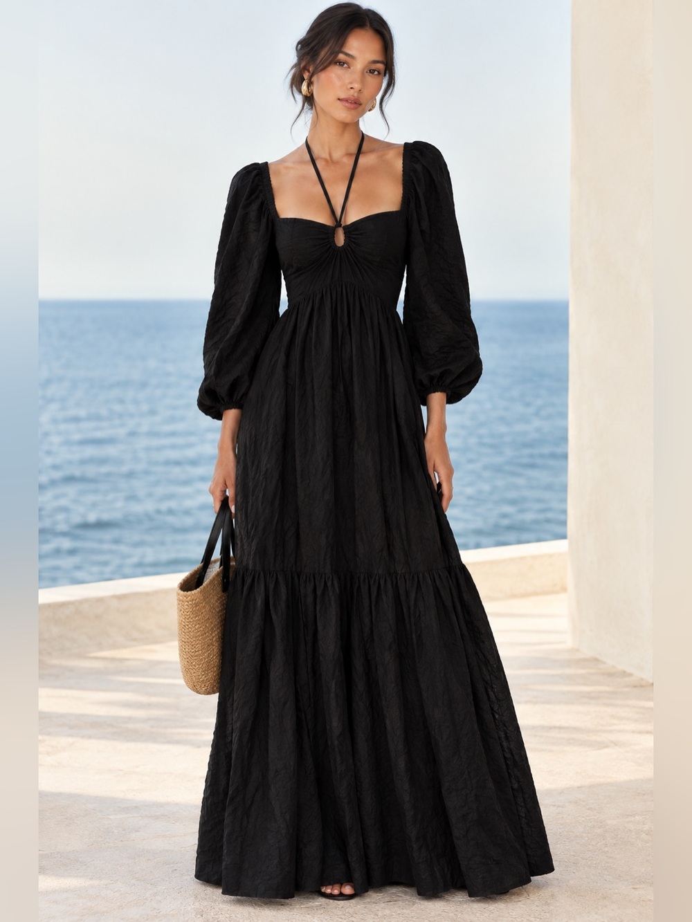 NEW SIMKHAI Swim Black Puff-Sleeve Long Halter Dress Cover-Up, sz 4